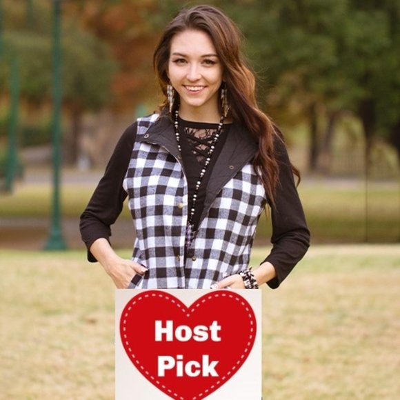 Buffalo Plaid Reversible Jacket Vest with Pockets - Black and White